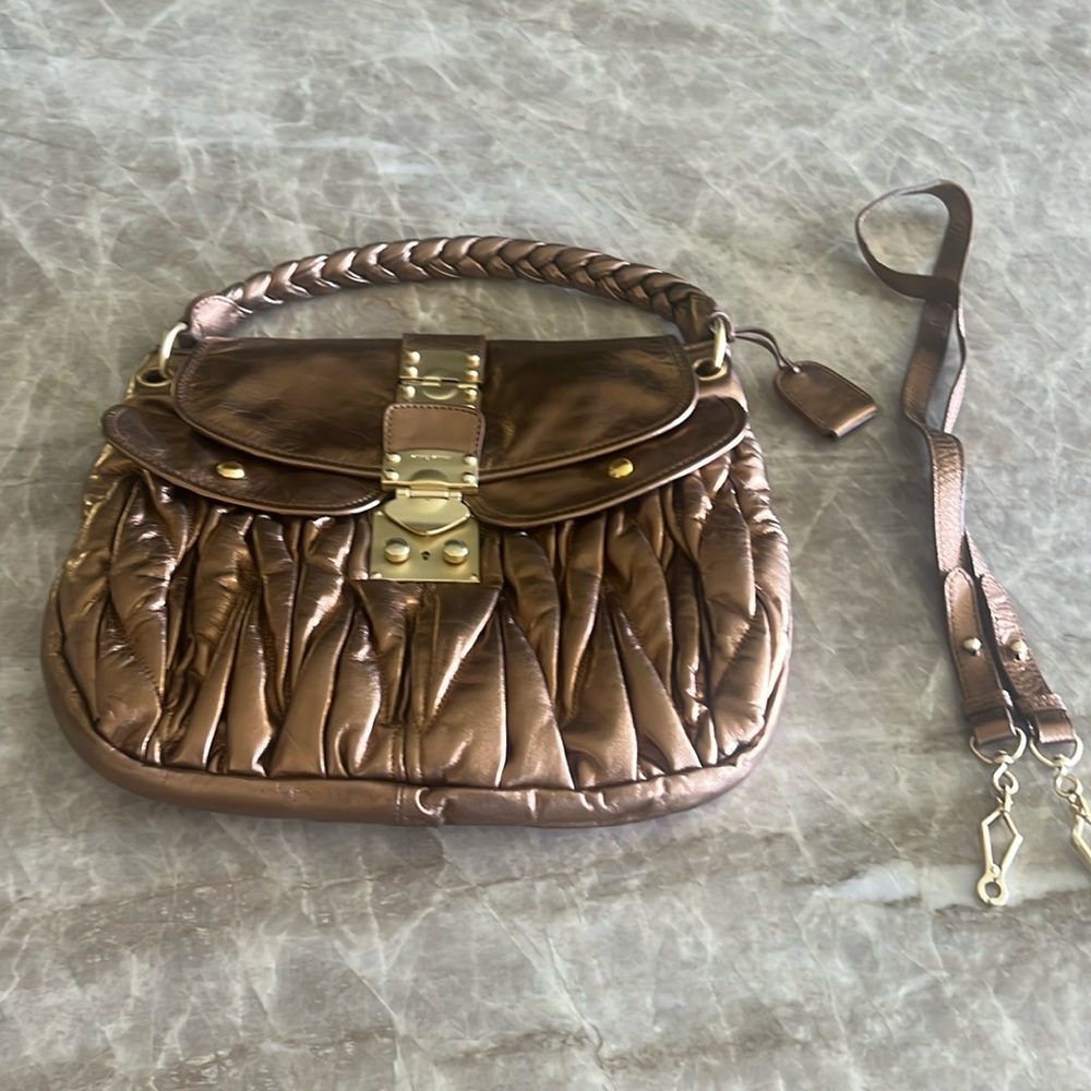 Miu Miu Iconic Matelasse Lux Copper/Rose Gold Quilted Leather Shoulder Hand Bag.